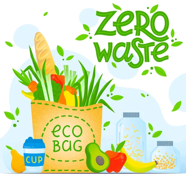 Zero Waste Concept Vector Illustration Hand Drawn Lettering Groceries Paper — 스톡 벡터