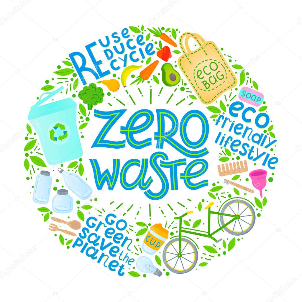 Zero waste concept.Vector illustration with hand drawn lettering,eco grocery bag,vegetables,fruits,bicycle,glass jars,wooden cutlery,comb and toothbrush,menstrual cup,thermo mug.Zero waste principals.