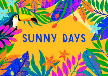 Parlak tropikal yaprakları, çiçekleri ve toucan ile Yaz vektör illüstrasyon. Elle çizilmiş doku ile çok renkli bitkiler. Baskılar, el ilanları, afişler, davetiyeler, sosyal medya için mükemmel egzotik arka plan.