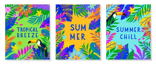 Lato Wektor Ilustracji Jasnych Tropikalnych Liści Kwiatów Toucan Multicolor Rośliny — Wektor stockowy