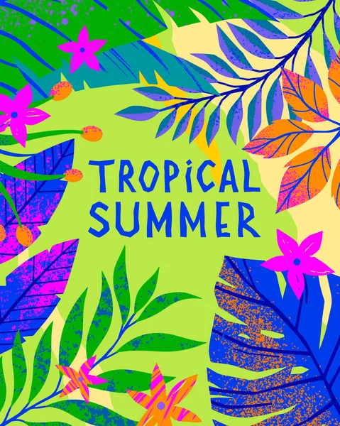 Ilustración Vectorial Verano Con Hojas Tropicales Brillantes Flores Tucán Plantas — Vector de stock