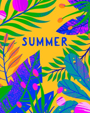 Parlak tropikal yaprakları, çiçekleri ve toucan ile Yaz vektör illüstrasyon. Elle çizilmiş doku ile çok renkli bitkiler. Baskılar, el ilanları, afişler, davetiyeler, sosyal medya için mükemmel egzotik arka plan.