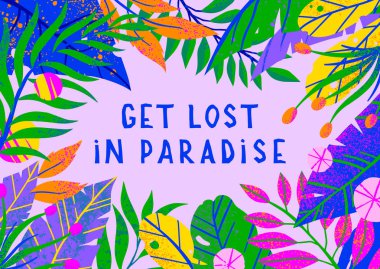 Parlak tropikal yaprakları, çiçekleri ve toucan ile Yaz vektör illüstrasyon. Elle çizilmiş doku ile çok renkli bitkiler. Baskılar, el ilanları, afişler, davetiyeler, sosyal medya için mükemmel egzotik arka plan.