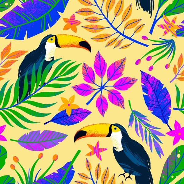 Ilustração Vetorial Verão Com Folhas Tropicais Brilhantes Flores Tucanos Plantas — Vetor de Stock