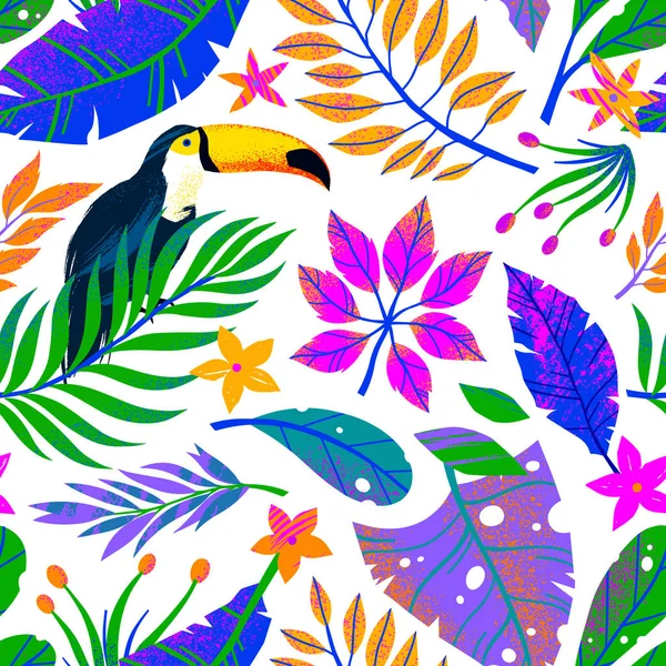 Zomer Vector Illustratie Met Heldere Tropische Bladeren Bloemen Toucan Multicolor — Stockvector