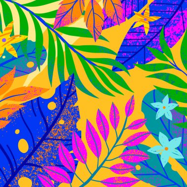 Tropikal yaprakları, çiçekleri ve elementleri ile evrensel vektör illüstrasyon. Elle çizilmiş doku ile çok renkli bitkiler. Sanatsal arka plan web, baskılar, el ilanları, afiş, davetiyeler, sosyal medya için mükemmel.