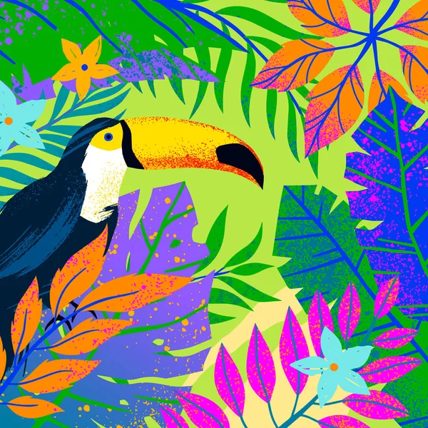 Universele Vector Illustratie Met Tropische Bladeren Bloemen Toucan Multicolor Planten — Stockvector