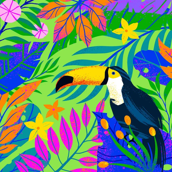 Ilustración Vectorial Universal Con Hojas Tropicales Flores Tucán Plantas Multicolores — Archivo Imágenes Vectoriales