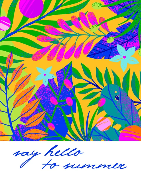 Illustrazione Vettoriale Estiva Con Foglie Tropicali Fiori Elementi Piante Multicolore — Vettoriale Stock