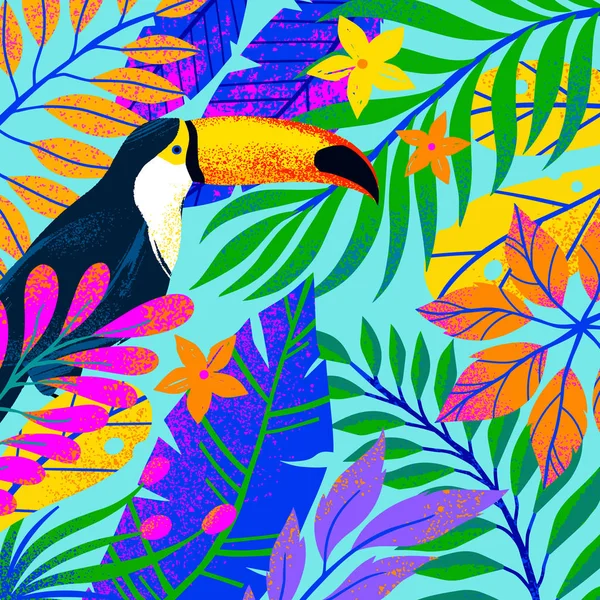 Universele Vector Illustratie Met Tropische Bladeren Bloemen Toucan Multicolor Planten — Stockvector