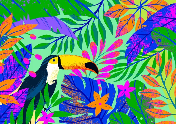 Ilustração Vetorial Universal Com Folhas Tropicais Flores Tucanos Plantas Multicoloridas — Vetor de Stock