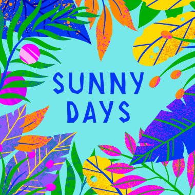 Parlak tropikal yaprakları, çiçekler ve elemanları ile Yaz vektör illüstrasyon. Elle çizilmiş doku ile çok renkli bitkiler. Baskılar, el ilanları, afişler, davetiyeler, sosyal medya için mükemmel egzotik arka plan.