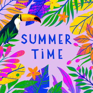 Parlak tropikal yaprakları, çiçekleri ve toucan ile Yaz vektör illüstrasyon. Elle çizilmiş doku ile çok renkli bitkiler. Baskılar, el ilanları, afişler, davetiyeler, sosyal medya için mükemmel egzotik arka plan.