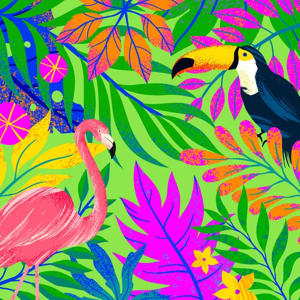 Universele Vector Illustratie Met Tropische Bladeren Flamingo Toucan Multicolor Planten — Stockvector