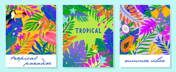 Set Illustrazioni Vettoriali Estive Con Foglie Tropicali Luminose Fenicottero Tucano — Vettoriale Stock