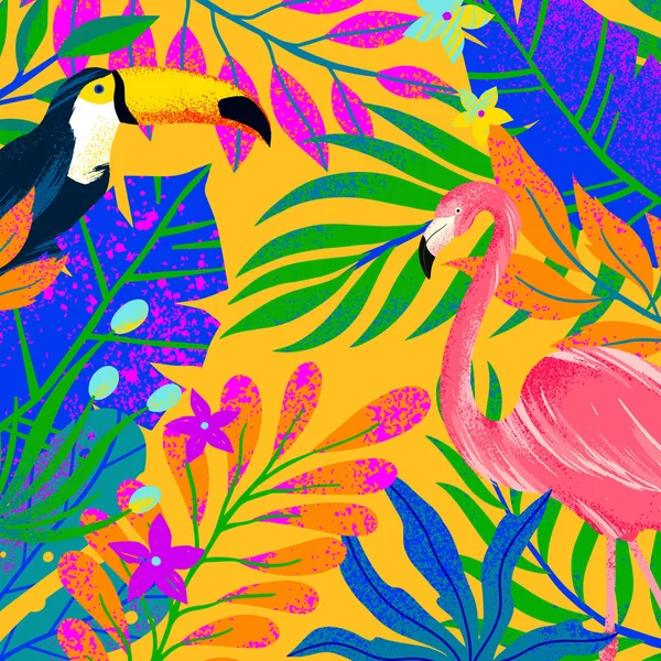 Universelle Vektorillustration Mit Tropischen Blättern Flamingo Und Toucan Multicolor Pflanzen — Stockvektor
