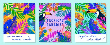 Tropikal yaprakları, çiçekleri ve toucan ile yaz vektör çizimler seti. Elle çizilmiş doku ile çok renkli bitkiler. Baskılar, el ilanları, afişler, davetiyeler, sosyal medya için mükemmel egzotik arka planlar