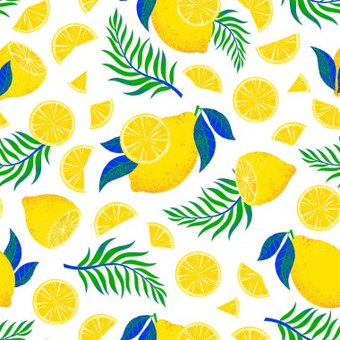 El limon ve yaprakları çizilmiş vektör dikişsiz desen. Tekstil tasarım dokusu. Taze vitamin beslenmesi. Meyveler baskılar, ambalaj kağıdı, t-shirt, arka plan dolgu, sosyal medya için mükemmel baskı.