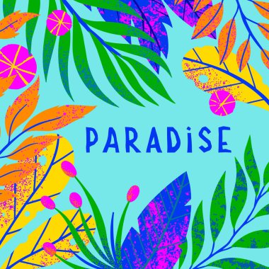 Parlak tropikal yaprakları, çiçekler ve elemanları ile Yaz vektör illüstrasyon. Elle çizilmiş doku ile çok renkli bitkiler. Baskılar, el ilanları, afişler, davetiyeler, sosyal medya için mükemmel egzotik arka plan.