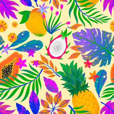 El çizilmiş tropikal yaprakları, meyve ve çiçekler ile Yaz vektör sorunsuz desen. Çok renkli bitkiler. Egzotik arka plan baskılar için mükemmel, ambalaj kağıdı, t-shirt, tekstil, arka plan dolgu, sosyal medya.