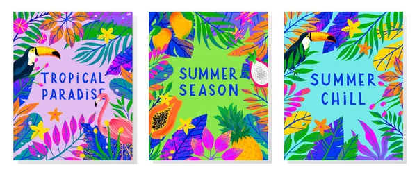 Zestaw Letnich Ilustracji Wektorowych Jasnymi Liśćmi Tropikalnymi Flamingiem Tukanem Egzotycznymi — Wektor stockowy