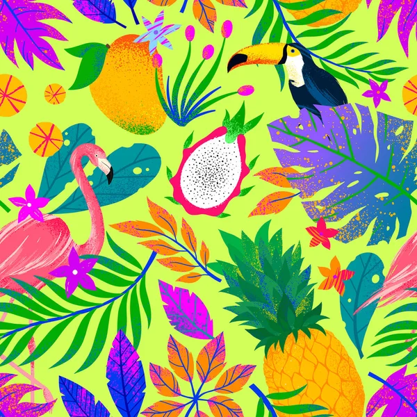 Sommer Vektor Nahtlose Muster Mit Handgezeichneten Tropischen Blättern Vögeln Und — Stockvektor
