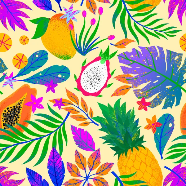 手描きの熱帯の葉 果物や花と夏のベクトルシームレスなパターン 多色植物 プリント 包装紙 Tシャツ テキスタイル 背景塗りつぶし ソーシャルメディアに最適なエキゾチックな背景 — ストックベクタ