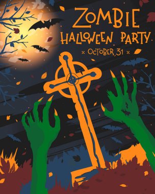Grunge arka plan, zombi eller, mezarlık, dolunay, ölü ağaçlar ve yarasalar ile Halloween posteri. Cadılar Bayramı tasarımı baskılar, el ilanları, afiş davetiyeler, selamlar için mükemmel. Vektör Halloween illüstrasyon.
