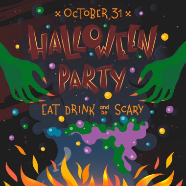Harflerle cadılar bayramı posteri, cadı elleri ve sihirli iksirli kazan. Baskılar, el ilanları, afiş, davetiyeler, selamlar ve daha fazlası için Cadılar Bayramı parti tasarımı. Vektör Halloween illüstrasyon.