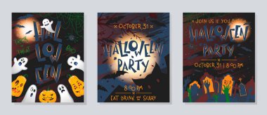 Balkabakları, hayaletler, mezarlık, dolunay, ölü ağaçlar ve yarasalar ile Cadılar Bayramı posterleri seti. Cadılar Bayramı tasarımı baskılar, el ilanları, afiş davetiyeler, selamlar için mükemmel. Vektör Cadılar Bayramı çizimleri.