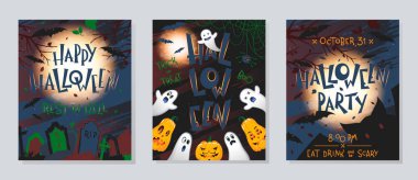 Balkabakları, hayaletler, mezarlık, dolunay, ölü ağaçlar ve yarasalar ile Cadılar Bayramı posterleri seti. Cadılar Bayramı tasarımı baskılar, el ilanları, afiş davetiyeler, selamlar için mükemmel. Vektör Cadılar Bayramı çizimleri.