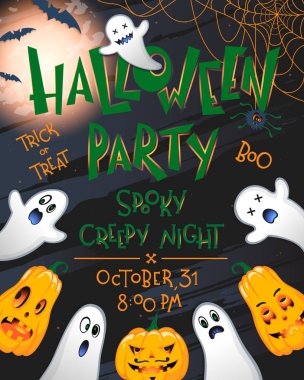 Harfler, hayaletler, yarasalar ve balkabakları ile Cadılar Bayramı parti afişi. Cadılar Bayramı tasarımı baskılar, el ilanları, afişler, davetiyeler, tebrik scrapbooking ve daha fazlası için mükemmel. Vektör Halloween illüstrasyon.