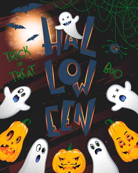 Cartel Halloween Con Letras Fondo Grunge Calabazas Murciélagos Fantasmas Diseño — Archivo Imágenes Vectoriales