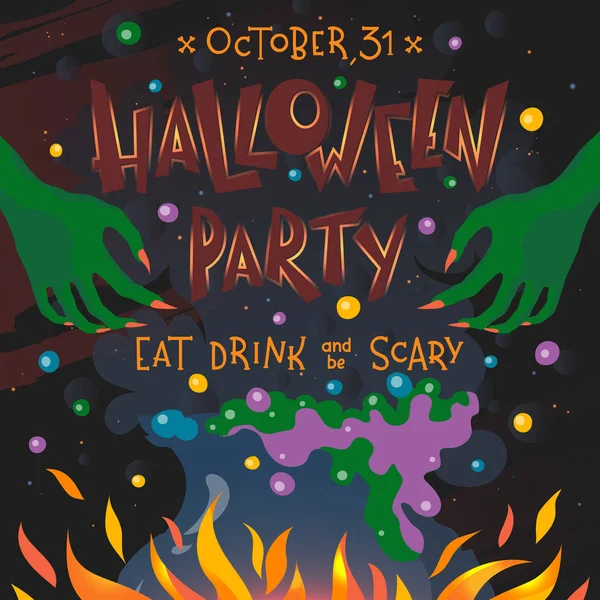 Harflerle cadılar bayramı posteri, cadı elleri ve sihirli iksirli kazan. Baskılar, el ilanları, afiş, davetiyeler, selamlar ve daha fazlası için Cadılar Bayramı parti tasarımı. Vektör Halloween illüstrasyon.