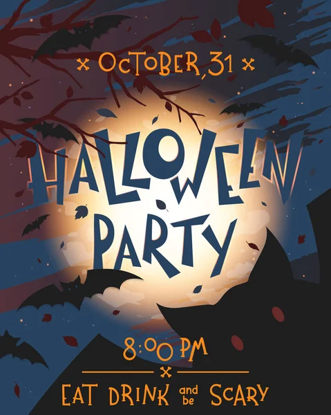 Grunge arka plan, uçan yarasalar, dolunay ve ölü ağaçlar ile Cadılar Bayramı parti afişi. Cadılar Bayramı tasarımı baskılar, el ilanları, afişler, davetiyeler, selamlar için mükemmel. Vektör Halloween illüstrasyon.