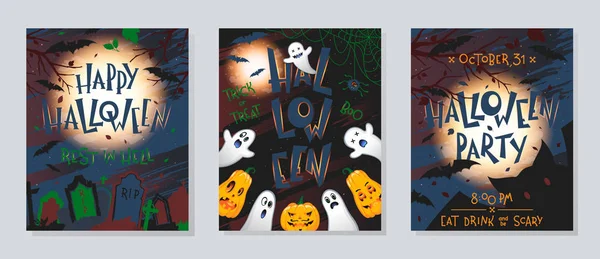 Balkabakları, hayaletler, mezarlık, dolunay, ölü ağaçlar ve yarasalar ile Cadılar Bayramı posterleri seti. Cadılar Bayramı tasarımı baskılar, el ilanları, afiş davetiyeler, selamlar için mükemmel. Vektör Cadılar Bayramı çizimleri.