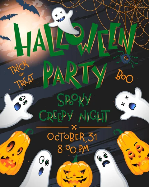 Harfler, hayaletler, yarasalar ve balkabakları ile Cadılar Bayramı parti afişi. Cadılar Bayramı tasarımı baskılar, el ilanları, afişler, davetiyeler, tebrik scrapbooking ve daha fazlası için mükemmel. Vektör Halloween illüstrasyon.