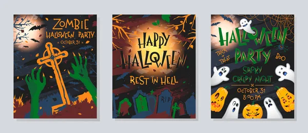 Set Poster Halloween Con Zucche Fantasmi Cimitero Luna Piena Alberi — Vettoriale Stock
