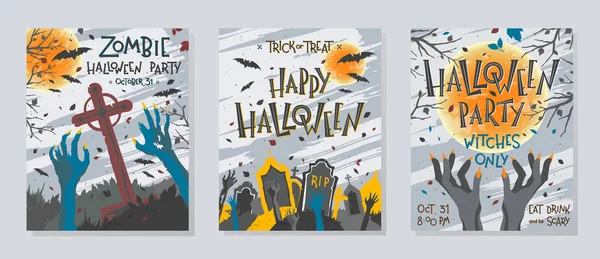 Conjunto Carteles Halloween Con Manos Zombie Bruja Cementerio Luna Llena — Vector de stock