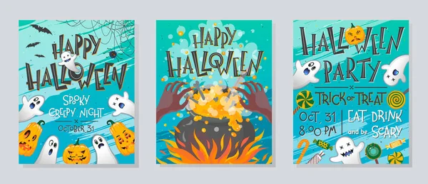 Set Poster Halloween Con Zucche Fantasmi Dolci Calderoni Streghe Ragnatela — Vettoriale Stock