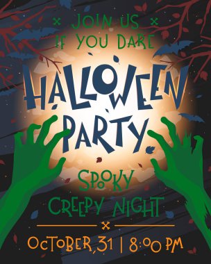 Grunge arka plan, zombi eller, dolunay, ölü ağaçlar ve uçan yarasalar ile Halloween posteri. Cadılar Bayramı tasarımı baskılar, el ilanları, afiş davetiyeler, selamlar için mükemmel. Vektör Halloween illüstrasyon.