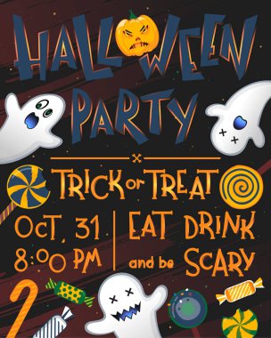 Harflerle, hayaletlerle, şekerlerle ve balkabağıyla cadılar bayramı partisi afişi. Cadılar Bayramı tasarımı baskılar, el ilanları, afişler, davetiyeler, tebrik scrapbooking ve daha fazlası için mükemmel. Vektör Halloween illüstrasyon.