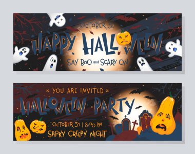 Balkabağı, hayaletler, mezarlık, dolunay, ölü ağaçlar ve yarasalar ile yatay Cadılar Bayramı afiş demeti. Cadılar Bayramı tasarımı baskılar, el ilanları, davetiyeler, selamlar için mükemmel. Vektör Cadılar Bayramı çizimleri.