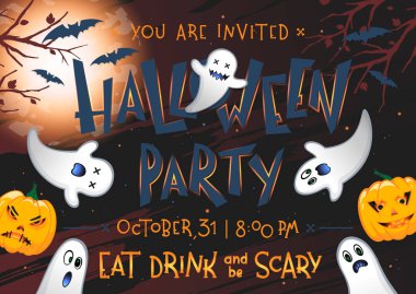 Yazı, grunge arka plan, kabak, yarasalar ve hayaletler ile Cadılar Bayramı parti afişi. Cadılar Bayramı tasarımı baskılar, el ilanları, afiş davetiyeler, selamlar için mükemmel. Vektör Halloween illüstrasyon.