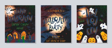 Balkabakları, hayaletler, mezarlık, dolunay, ölü ağaçlar ve yarasalarla dolu Cadılar Bayramı posterleri. Cadılar Bayramı tasarımı baskılar, el ilanları, afiş davetiyeler, selamlar için mükemmel. Vektör Cadılar Bayramı çizimleri.