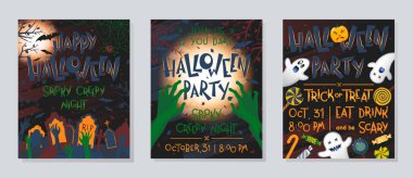 Balkabağı, hayaletler, mezarlık, dolunay, ölü ağaçlar ve yarasalarla dolu Cadılar Bayramı posterleri. Cadılar Bayramı tasarımı baskılar, el ilanları, afiş davetiyeler, selamlar için mükemmel. Vektör Cadılar Bayramı çizimleri.