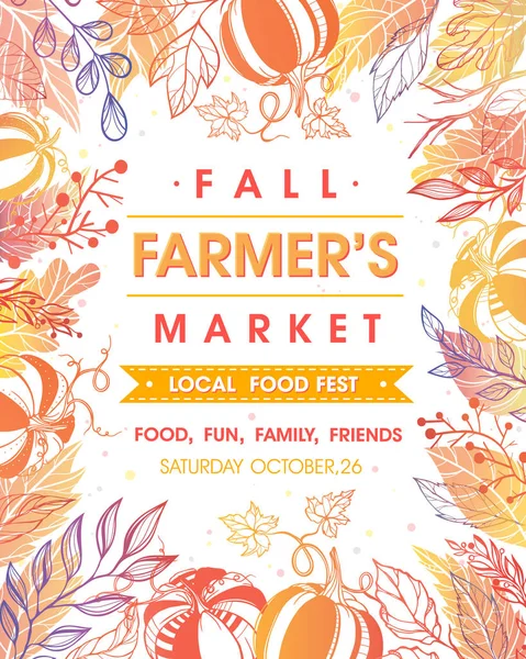 Sonbahar sonbahar renklerinde yaprakları ve çiçek unsurları ile pazar afiş fermers. Baskılar, el ilanları, afişler, davetiyeler için mükemmel yerel gıda festivali tasarımı. Sonbahar hasat festivali. Vektör sonbahar illüstrasyon.