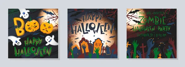 Pacchetto Poster Halloween Con Zucche Fantasmi Cimitero Luna Piena Alberi — Vettoriale Stock