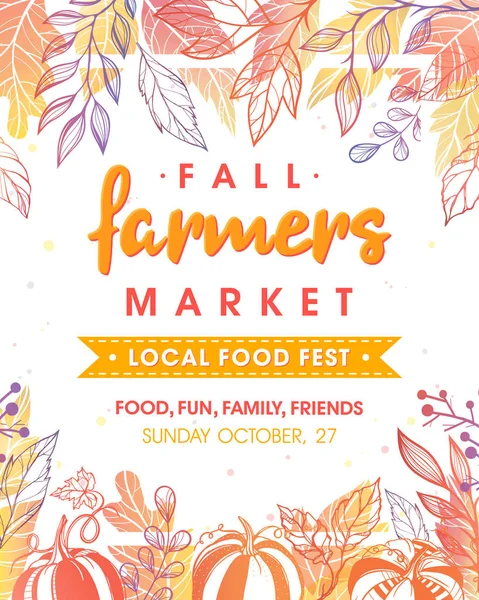 Sonbahar sonbahar renklerinde yaprakları ve çiçek unsurları ile pazar afiş fermers. Baskılar, el ilanları, afişler, davetiyeler için mükemmel yerel gıda festivali tasarımı. Sonbahar hasat festivali. Vektör sonbahar illüstrasyon.