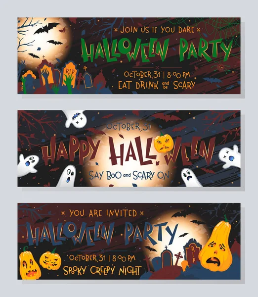 Bundle Banner Orizzontali Halloween Con Zucca Fantasmi Cimitero Luna Piena — Vettoriale Stock